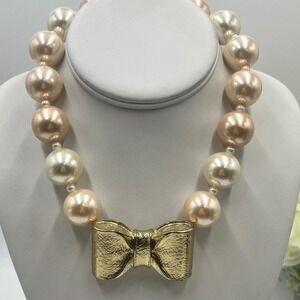 Lucia Vintage Large Faux Cream champagne Pearl Gold Tone Bow Collar Necklace